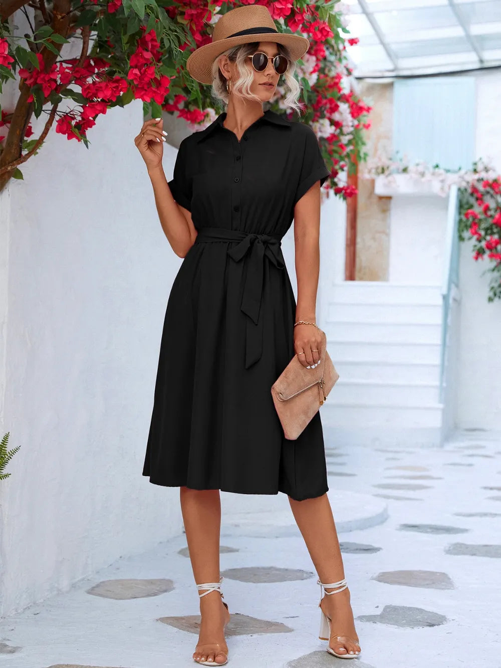Buttoned Tie Waist Short Sleeve Dress – Pravi Fashion