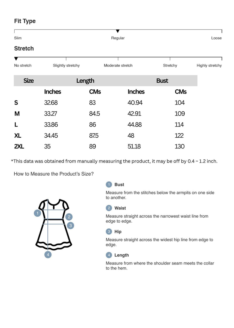 Size chart for Smocked V-Neck Short Sleeve Dress