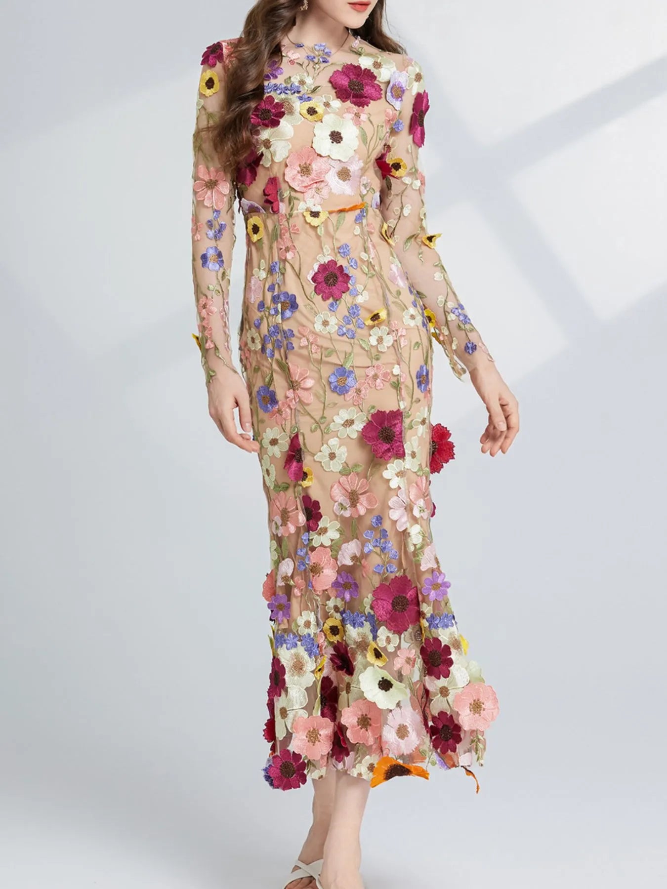 Floral Embroidered Mesh Long Sleeve Midi Dress Pravi Fashion Floral Embroidered Mesh Long Sleeve Midi Dress Pravi Fashion