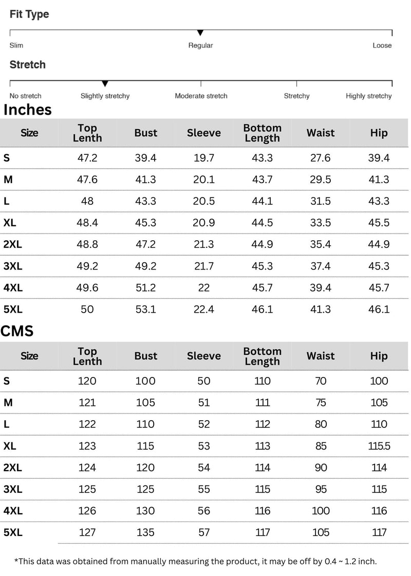 Size chart for Full Size Slit Round Neck Long Sleeve Top and Pants Set