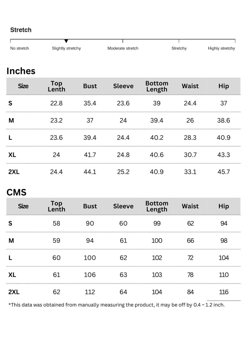 Size chart for Ribbed Bow Front Top and Pants Lounge Set