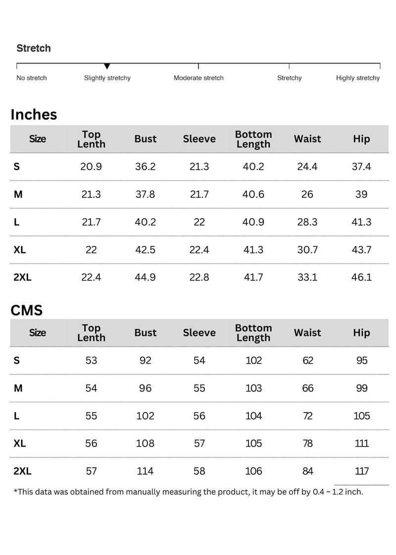 Size chart for Ribbed Round Neck Long Sleeve Top and Pants Lounge Set