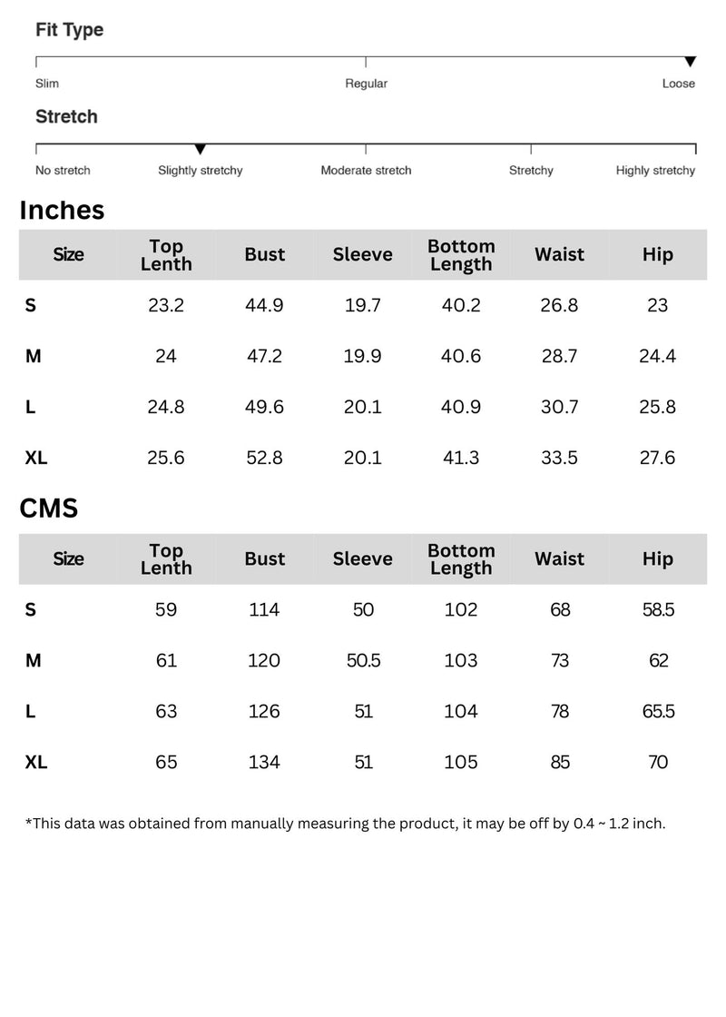 Size chart for Round Neck Long Sleeve Top and Pants Set