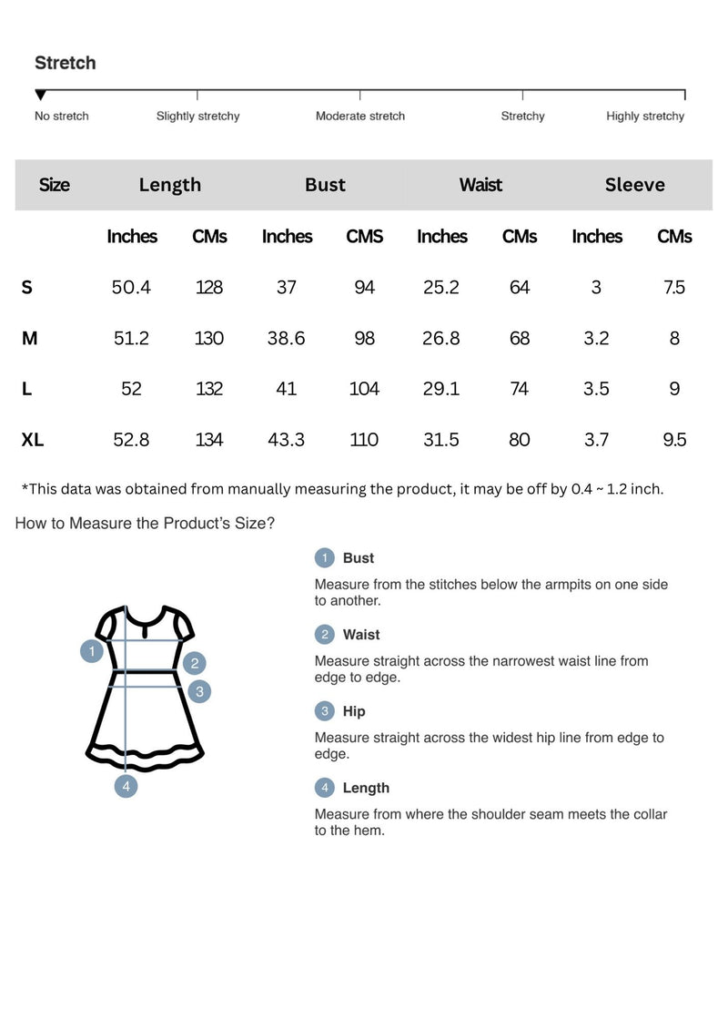 Size chart for Ruffled Printed V-Neck Cap Sleeve Tiered Dress