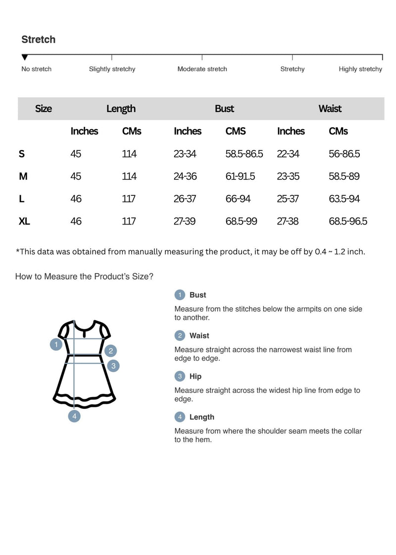 Size chart for Tie-Shoulder Smocked Tiered Dress
